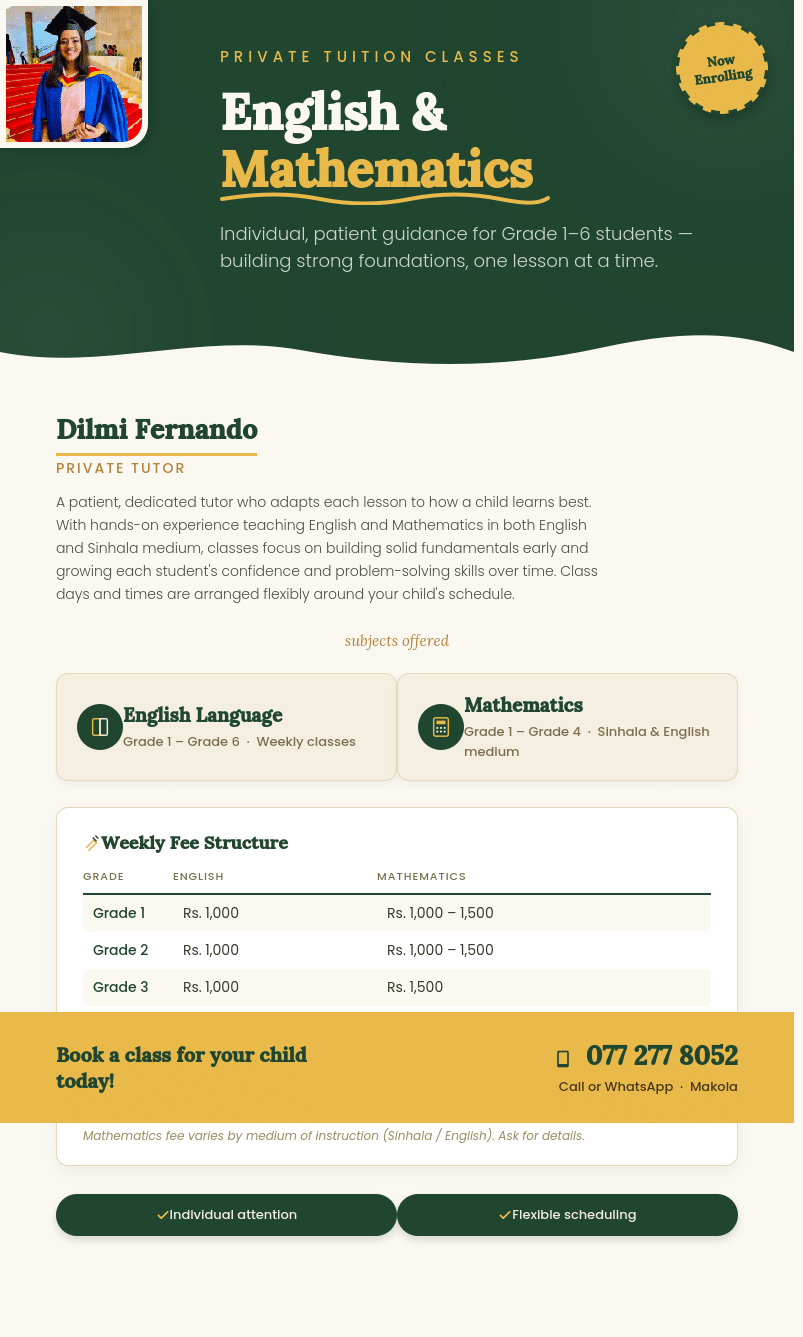 Grade 1 to Grade 6 Mathematics and English Private Tutor